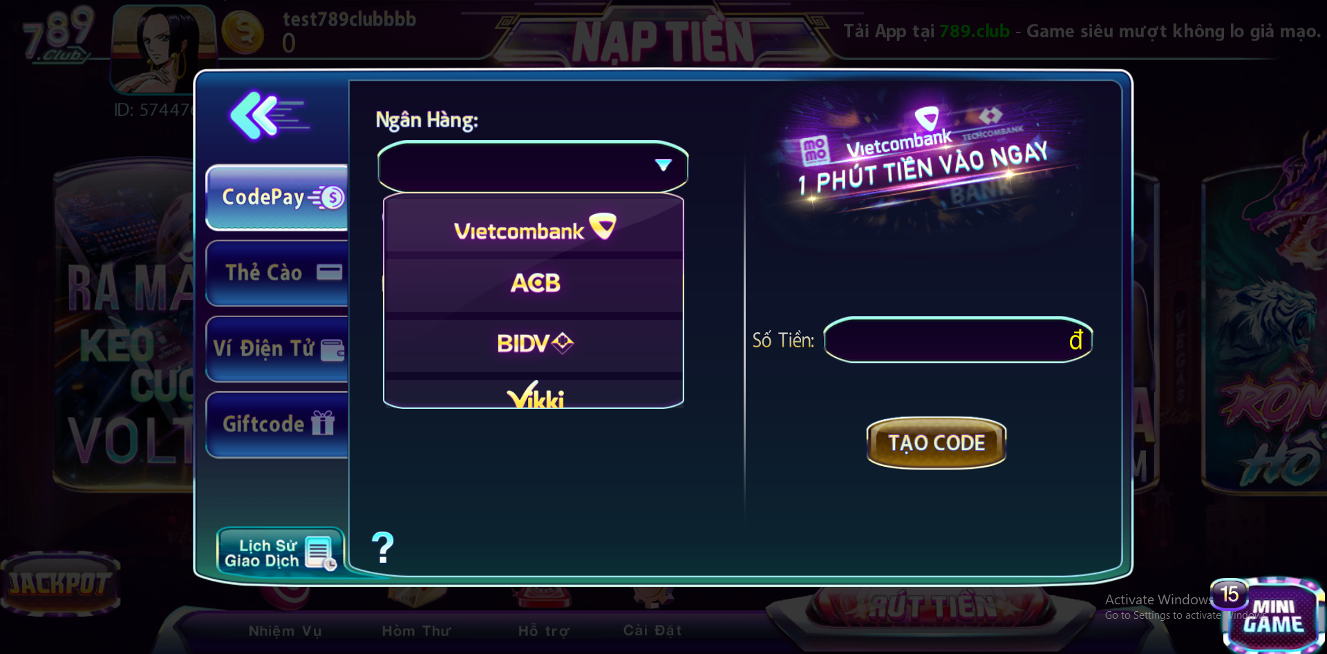 Cách nạp tiền cược 789Club